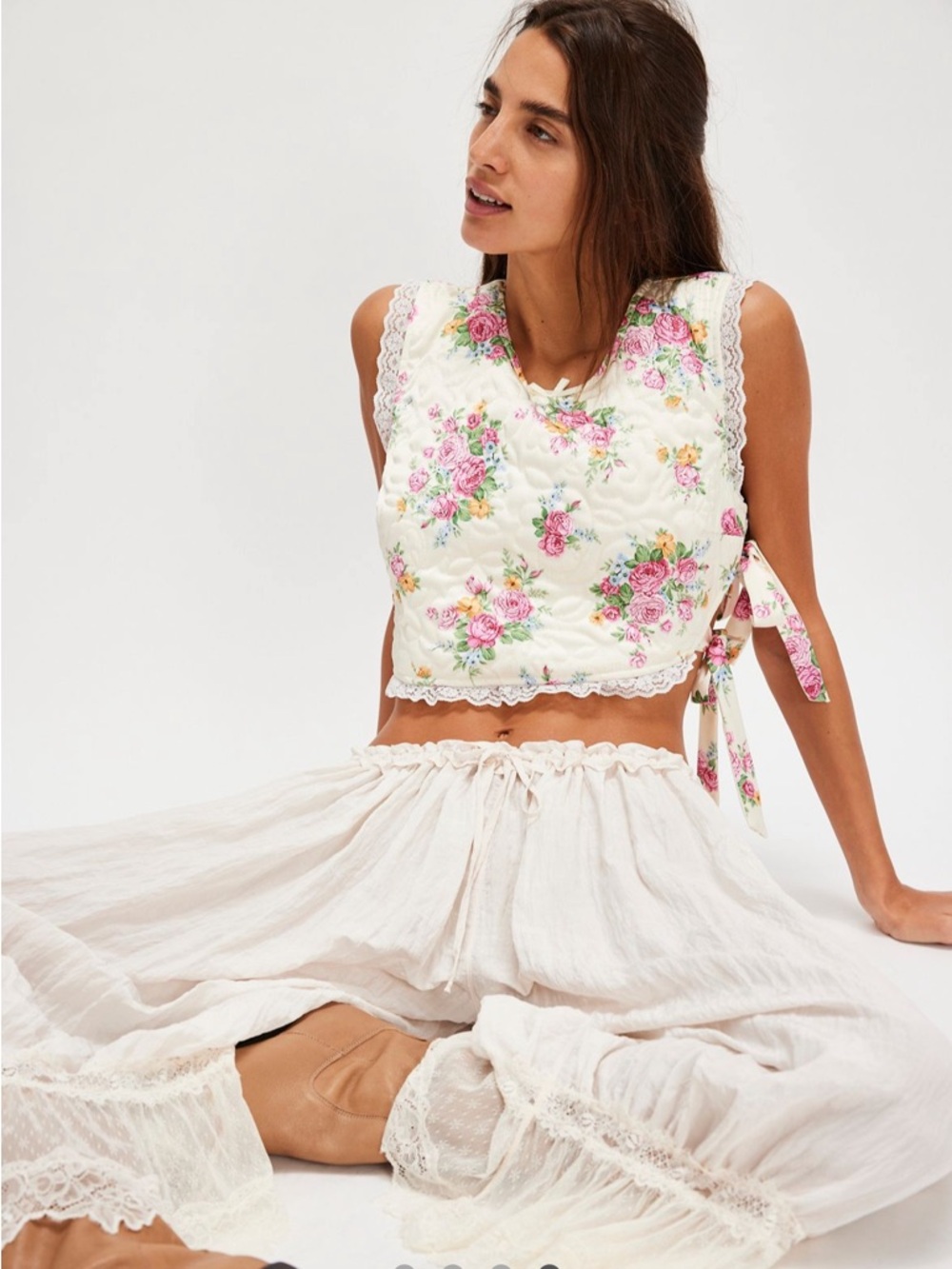 For Love & Lemons Amandine Quilted Floral Crop Top - Pink, Green & Cream